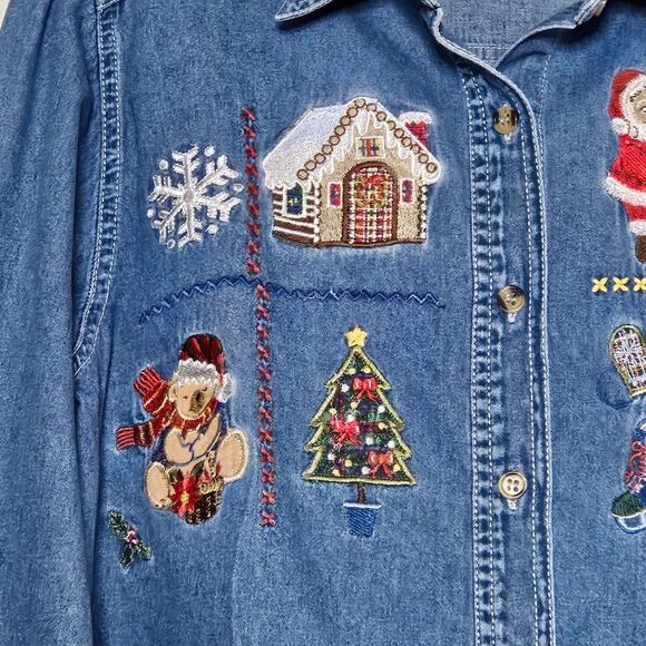 Bobbie Brooks Vintage Embroidered Christmas Button Front Chambray Blouse - Picture 2 of 12